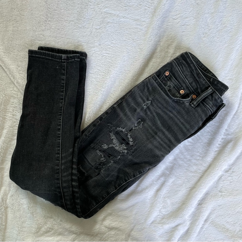 American Eagle Skinny Ripped Jeans Stretch Womens Size 28 Black Denim